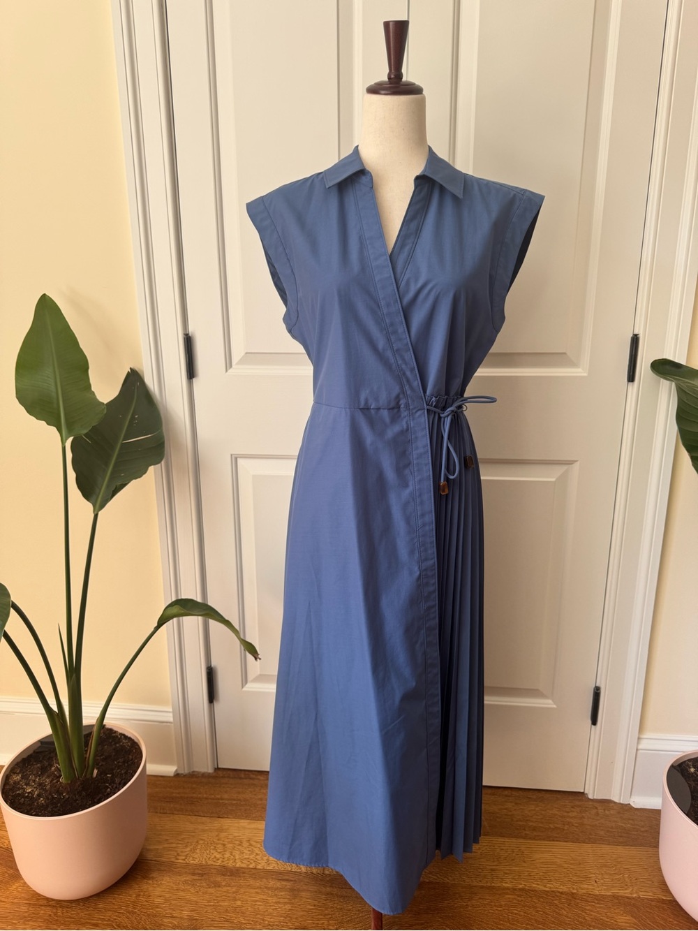 Tanya Taylor Sleeveless Blue Wrap Dress with Pleated Panel